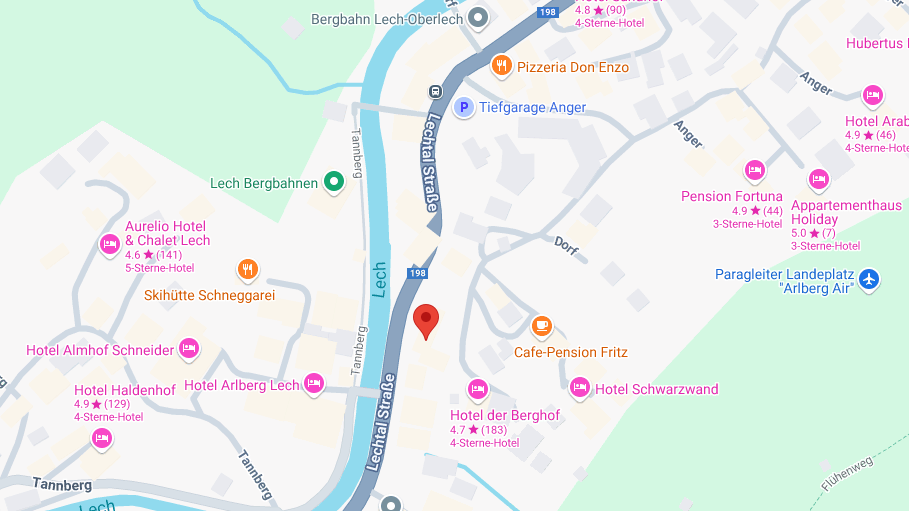 Kartenansicht von Lech Karte von Lech mit eingezeichneten Standorten und Straßen zur Navigation für Touristen