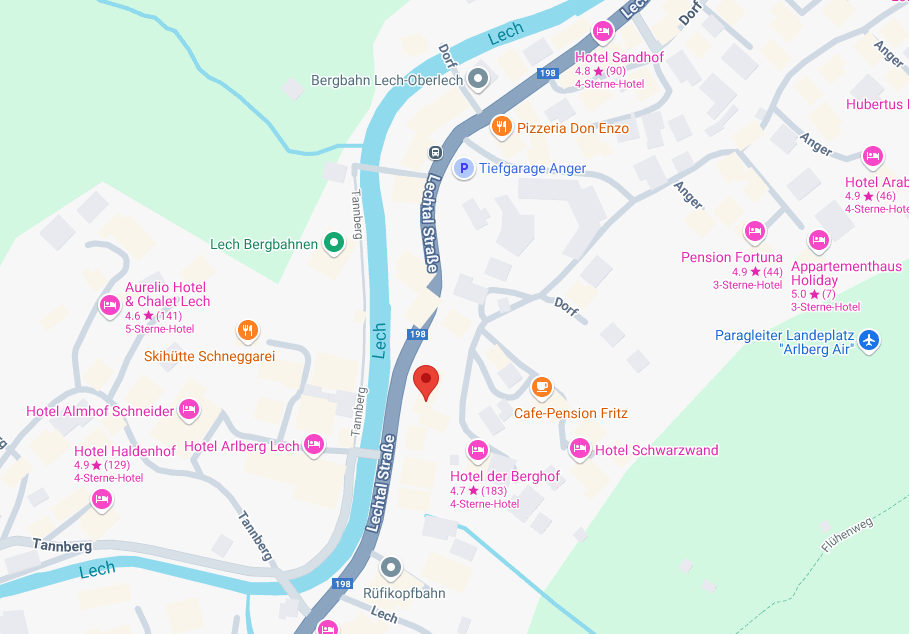 Kartenansicht von Lech Karte von Lech mit eingezeichneten Standorten und Straßen zur Navigation für Touristen